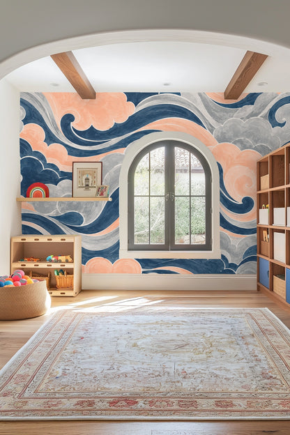Pattern repeat highlighting curling waves and puffs of clouds