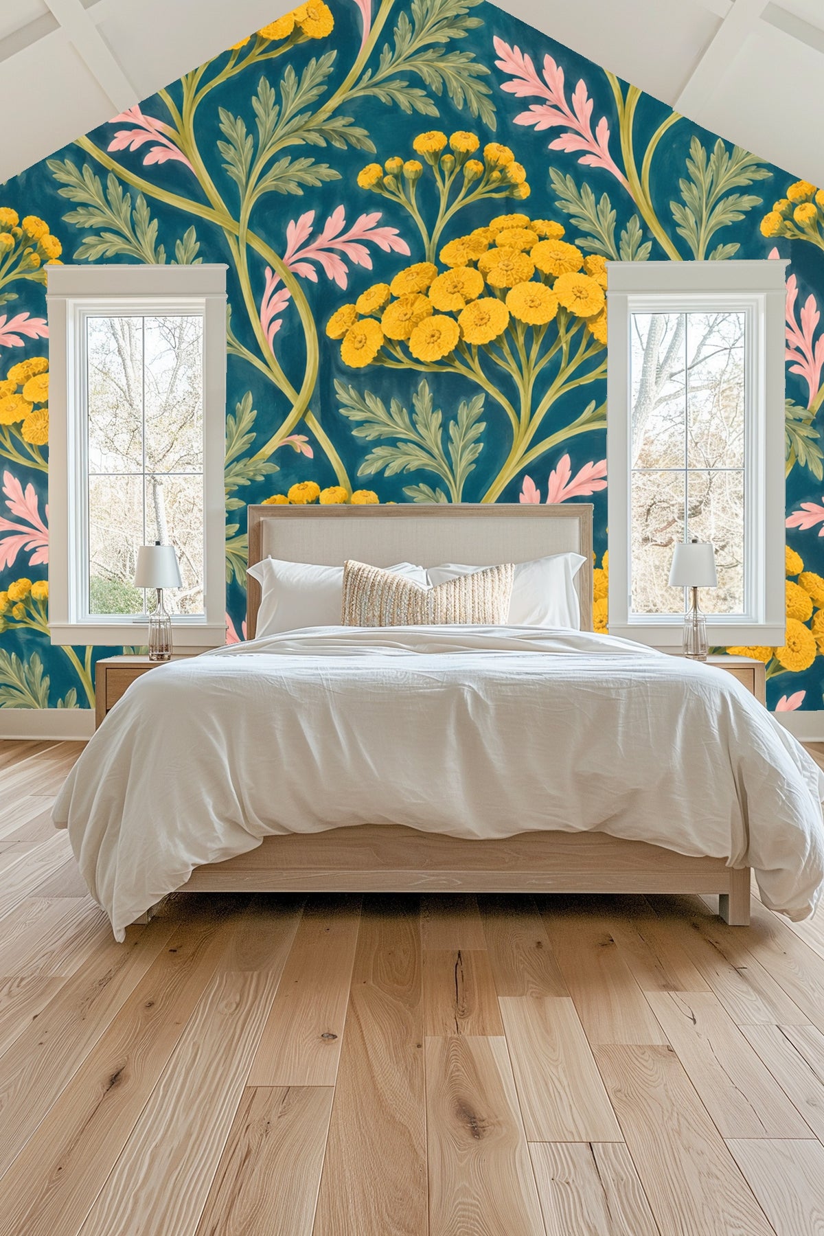 Verdant Yarrow Dance wallpaper shown in an interior setting