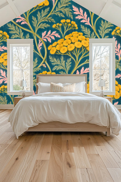 Verdant Yarrow Dance wallpaper shown in an interior setting