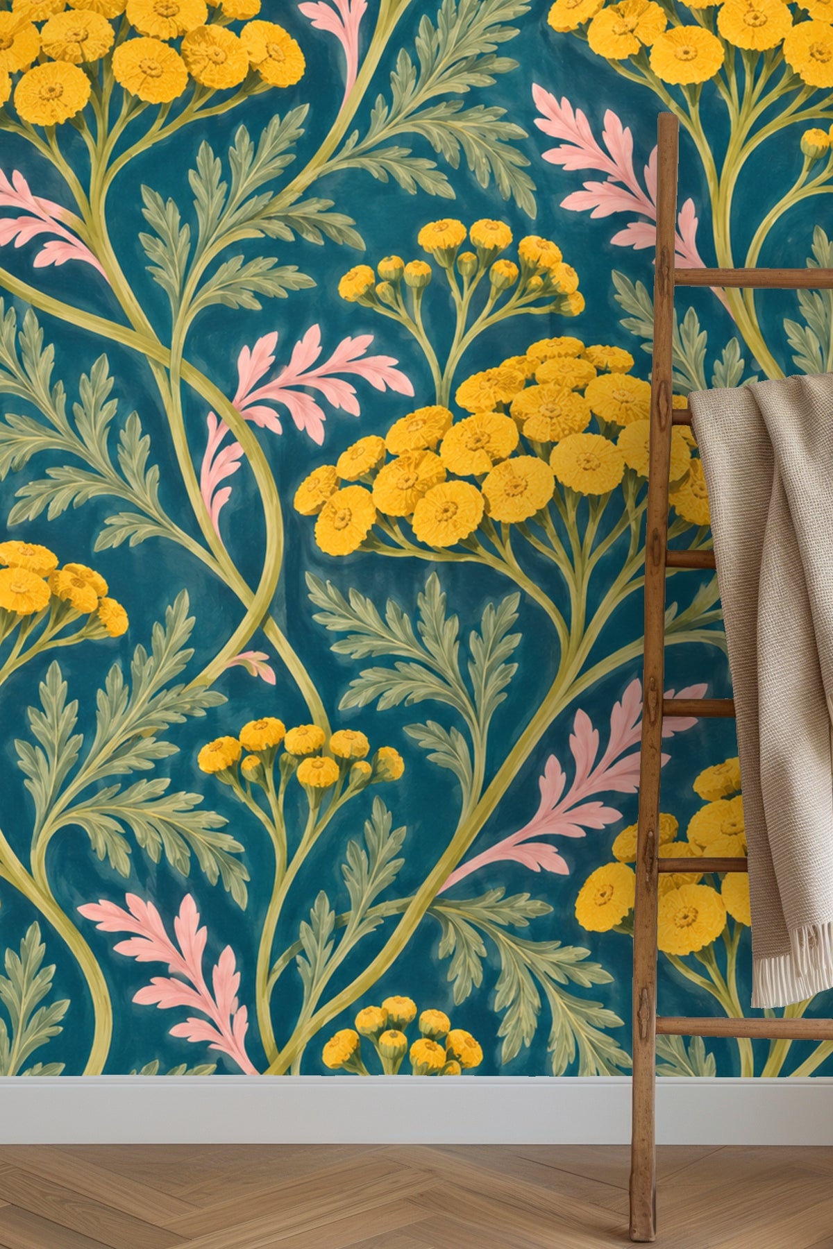 Verdant Yarrow Dance wallpaper shown in an interior setting