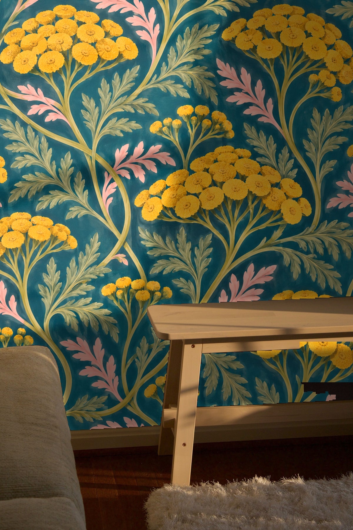 Verdant Yarrow Dance wallpaper shown in an interior setting