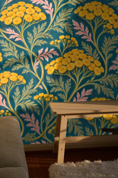 Verdant Yarrow Dance wallpaper shown in an interior setting