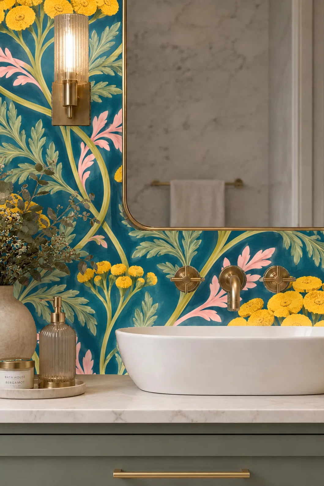 Verdant Yarrow Dance wallpaper shown in an interior setting