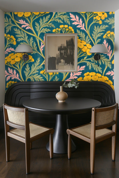 Verdant Yarrow Dance wallpaper shown in an interior setting