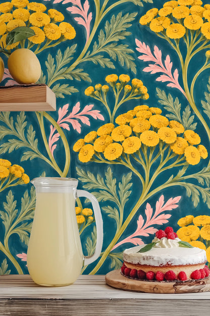 Verdant Yarrow Dance wallpaper shown in an interior setting
