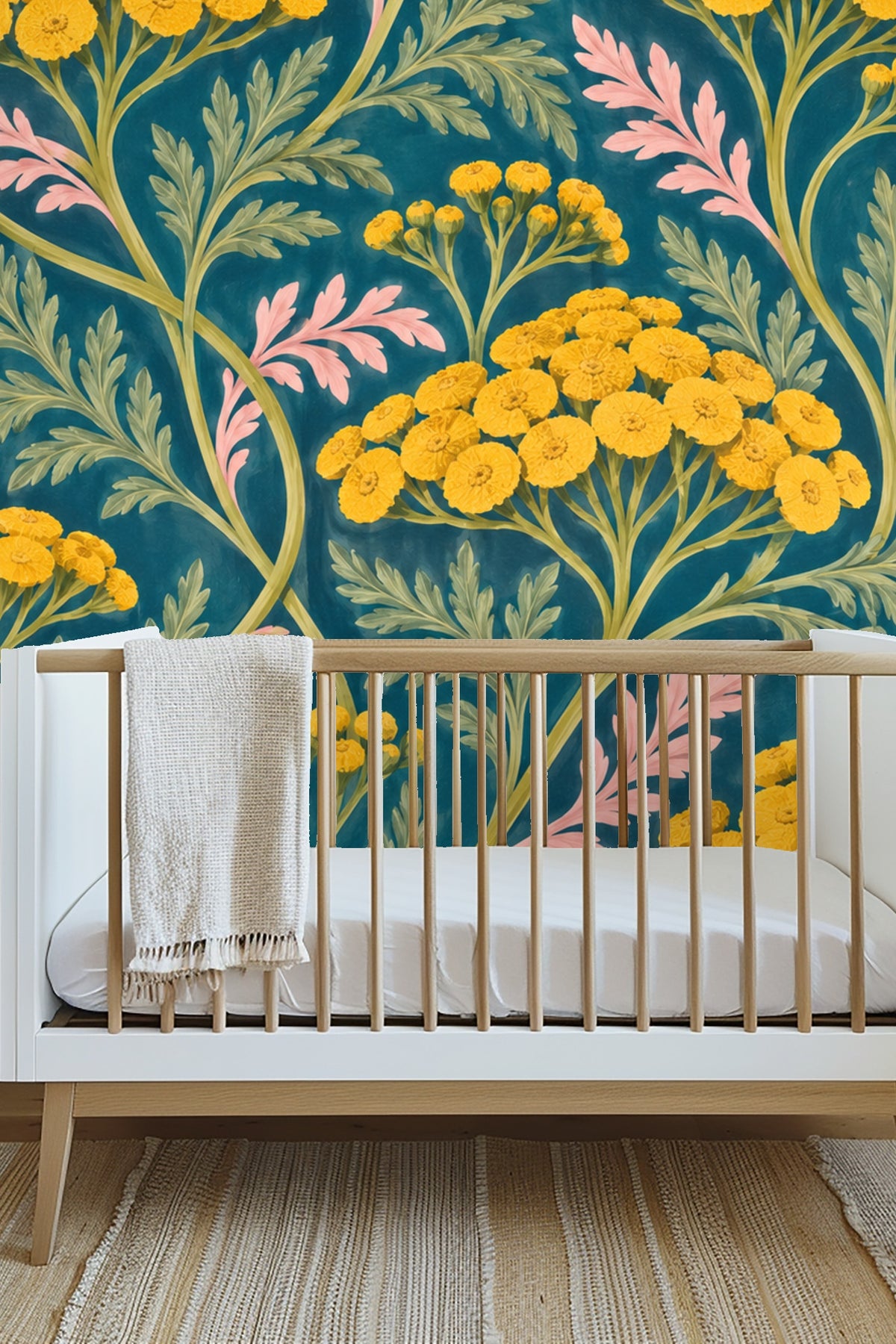 Verdant Yarrow Dance wallpaper shown in an interior setting
