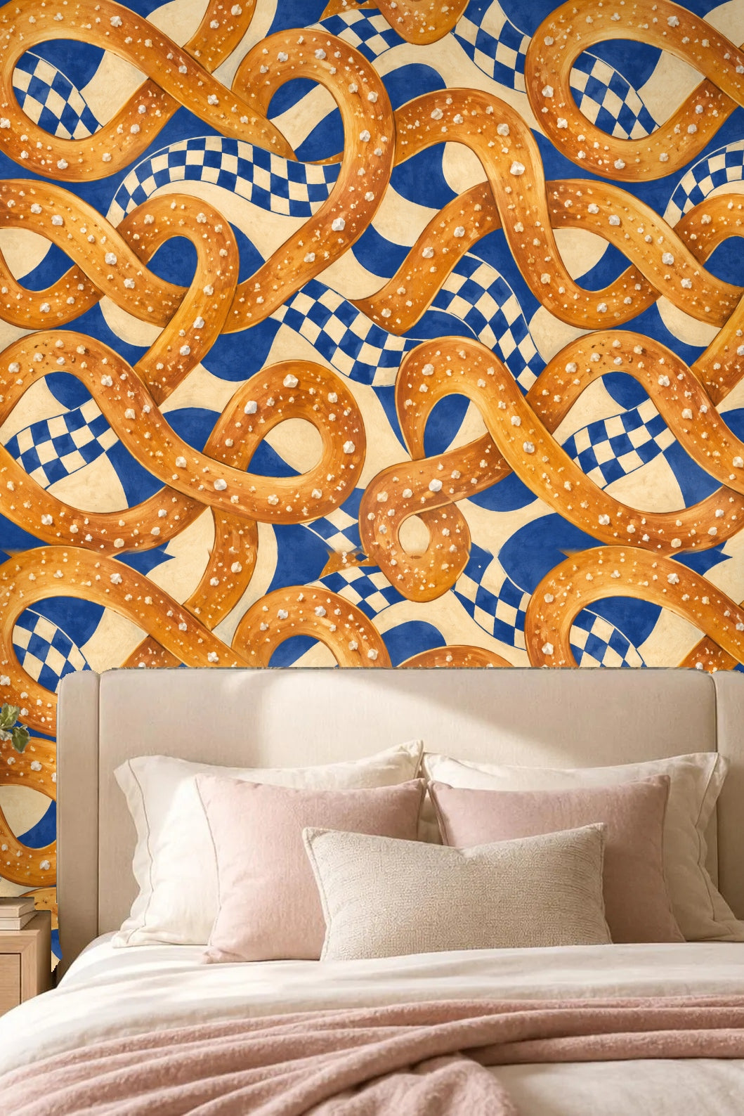 Living room with leather chair and side table in front of salted pretzel loop wallpaper