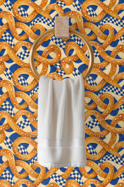 Decorative wallpaper with detailed salted pretzel illustration
