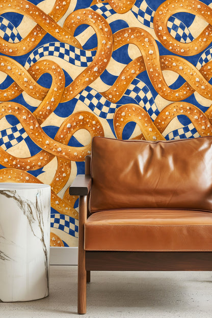 Close-up of salted pretzel loops on a blue and cream checkered background wallpaper artwork