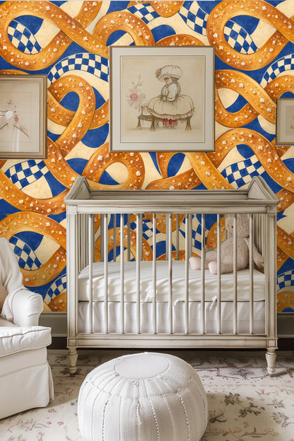 Bedroom with bed and pillows against salted pretzel loop wallpaper