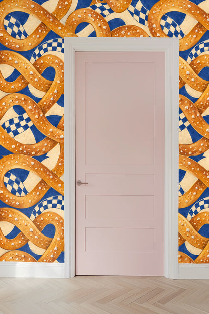 Pretzel loop pattern repeated across wallpaper mural