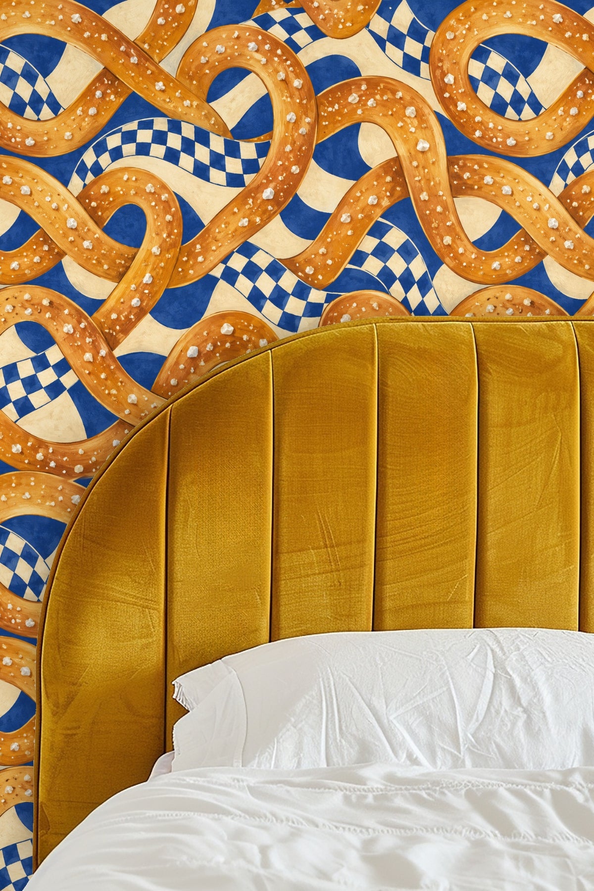 Room setup highlighting bold playful pretzel wallpaper