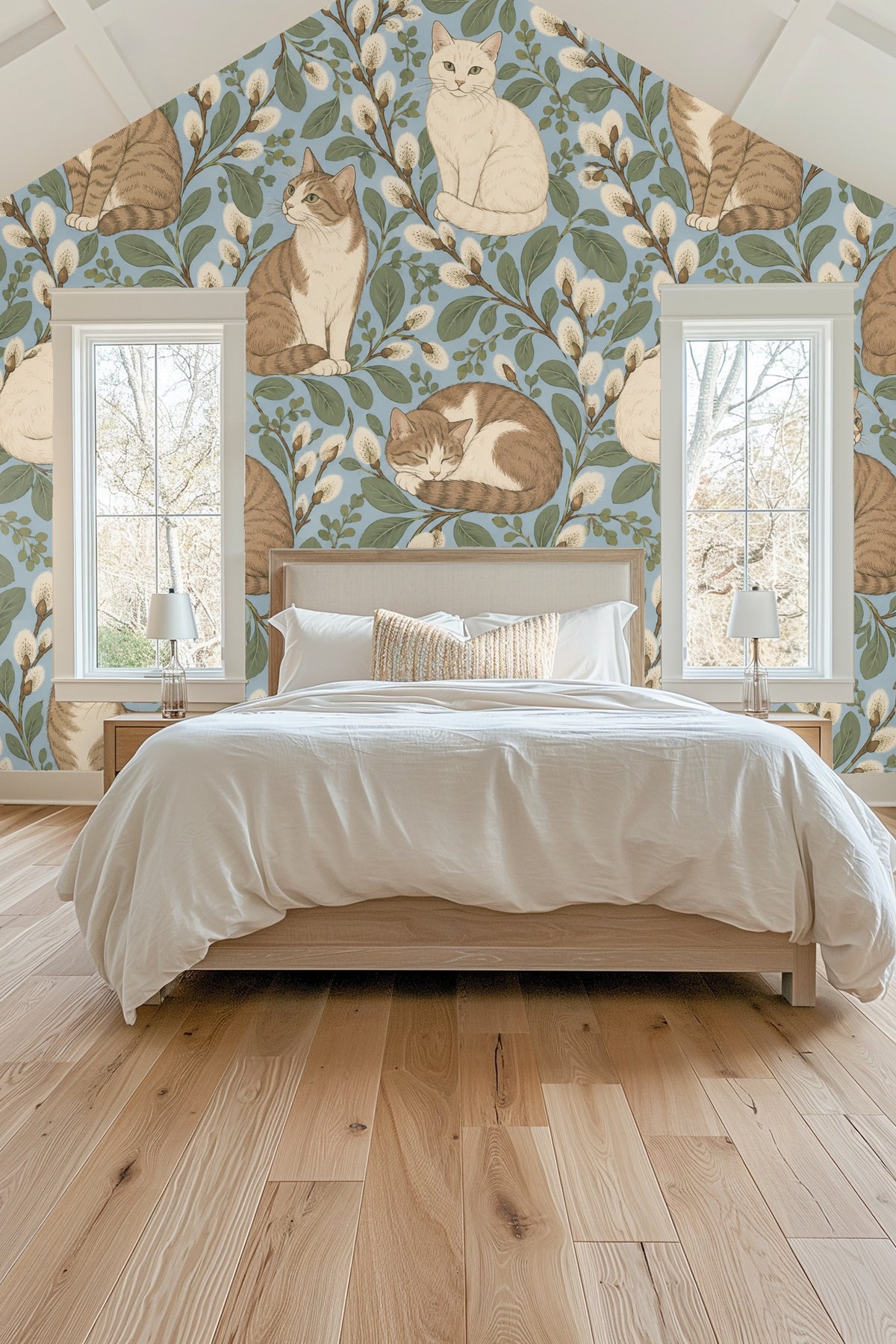 Interior entryway photo showing Catkin Cats wallpaper above a natural wood console with modern decor