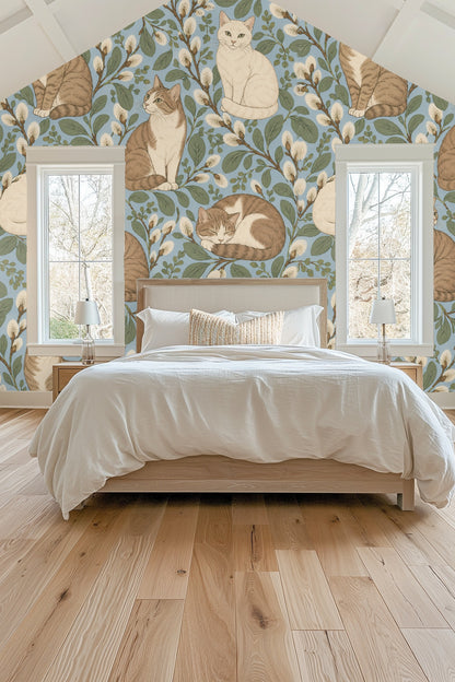 Interior entryway photo showing Catkin Cats wallpaper above a natural wood console with modern decor