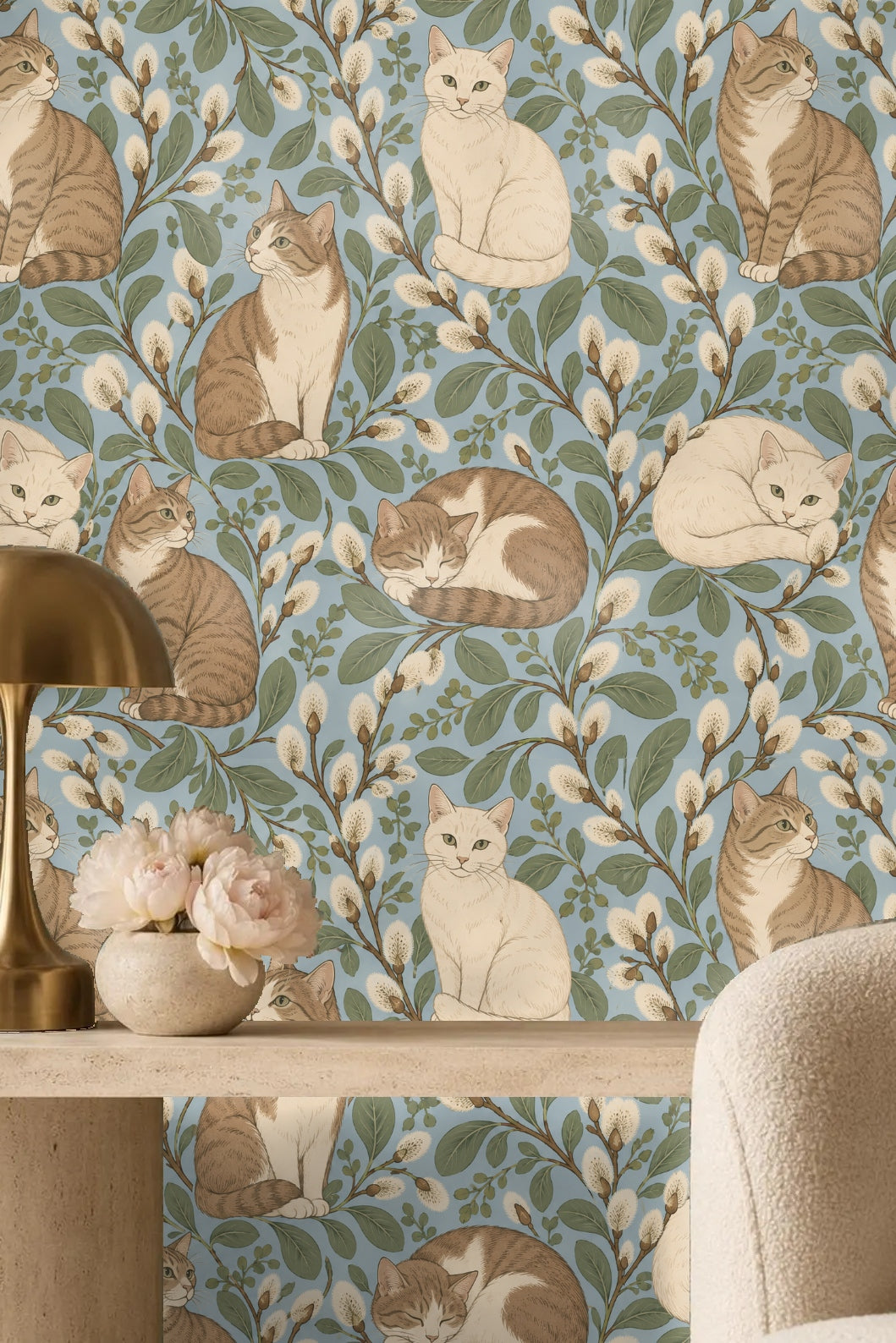 Muted blue backdrop with soft green leaves and subtle brown stems in wallpaper illustration