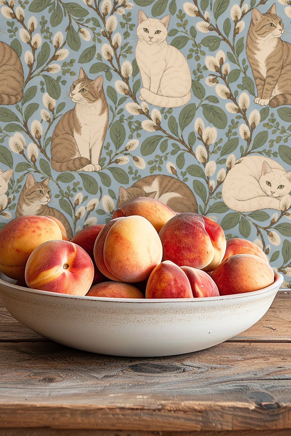 Close-up of tabby cat sitting on pussywillow branch in the wallpaper pattern