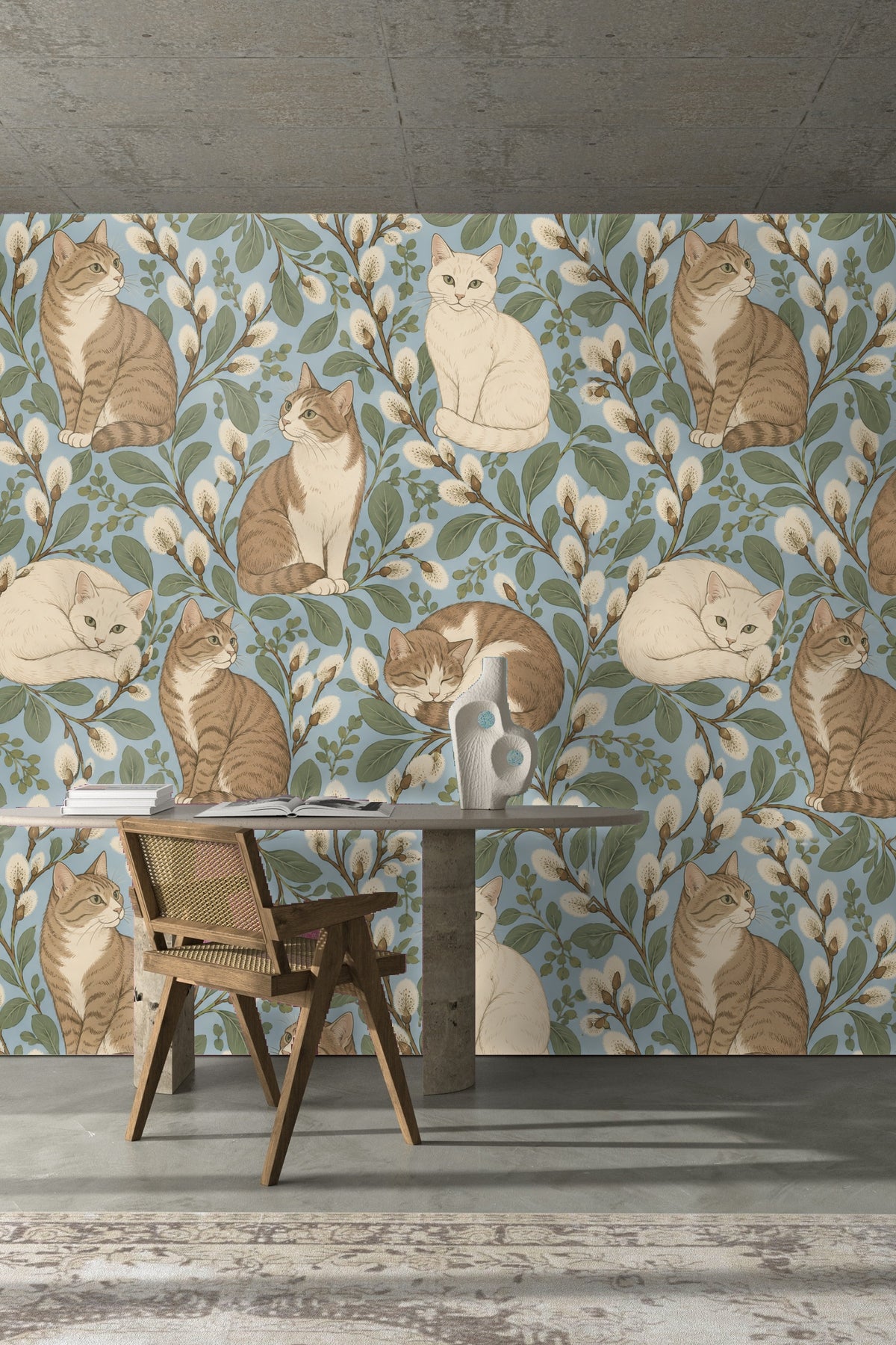 Composition capturing multiple cats scattered evenly over the blue patterned background