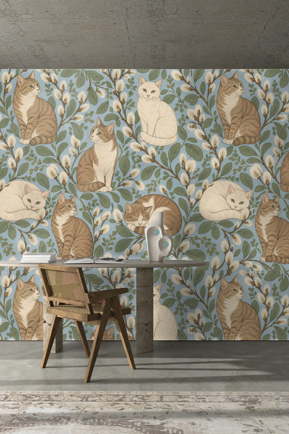 Composition capturing multiple cats scattered evenly over the blue patterned background