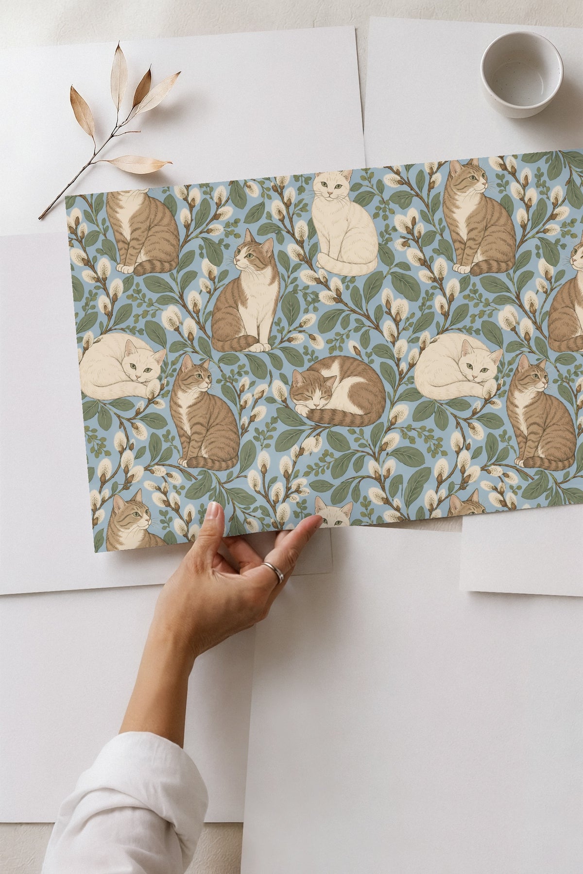Full repeat pattern detail showing harmonious balance of cats and botanicals