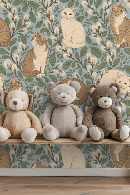 Bedroom interior with vaulted ceiling decorated with Catkin Cats wallpaper behind a bed flanked by windows and lamps