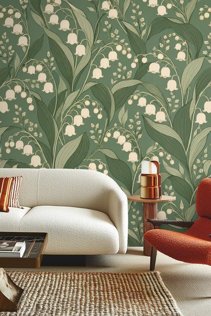 Close-up detail of ivory lily bell shapes and elongated green leaves in Verdant Lily Bells pattern