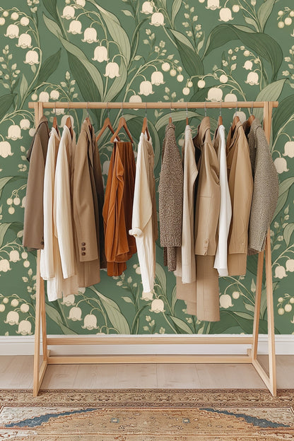 Soft light casting subtle shadows on textured Verdant Lily Bells wallpaper surface
