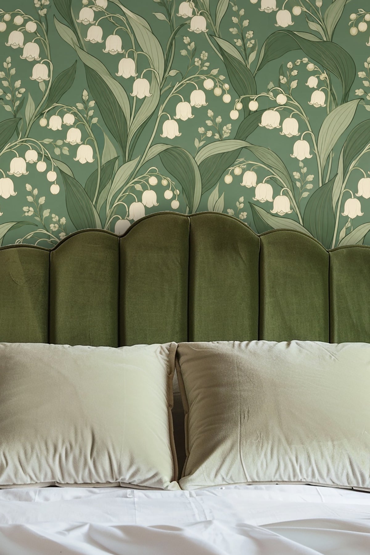Original wallpaper artwork showing ivory lily of the valley flowers on a muted green background