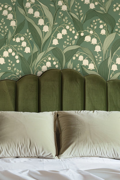 Original wallpaper artwork showing ivory lily of the valley flowers on a muted green background