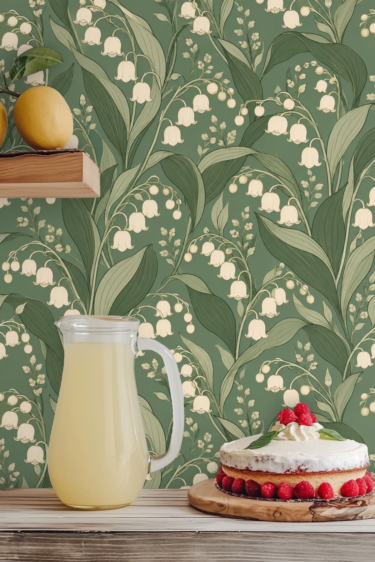 Muted green backdrop enhancing delicate cream floral motifs in the pattern