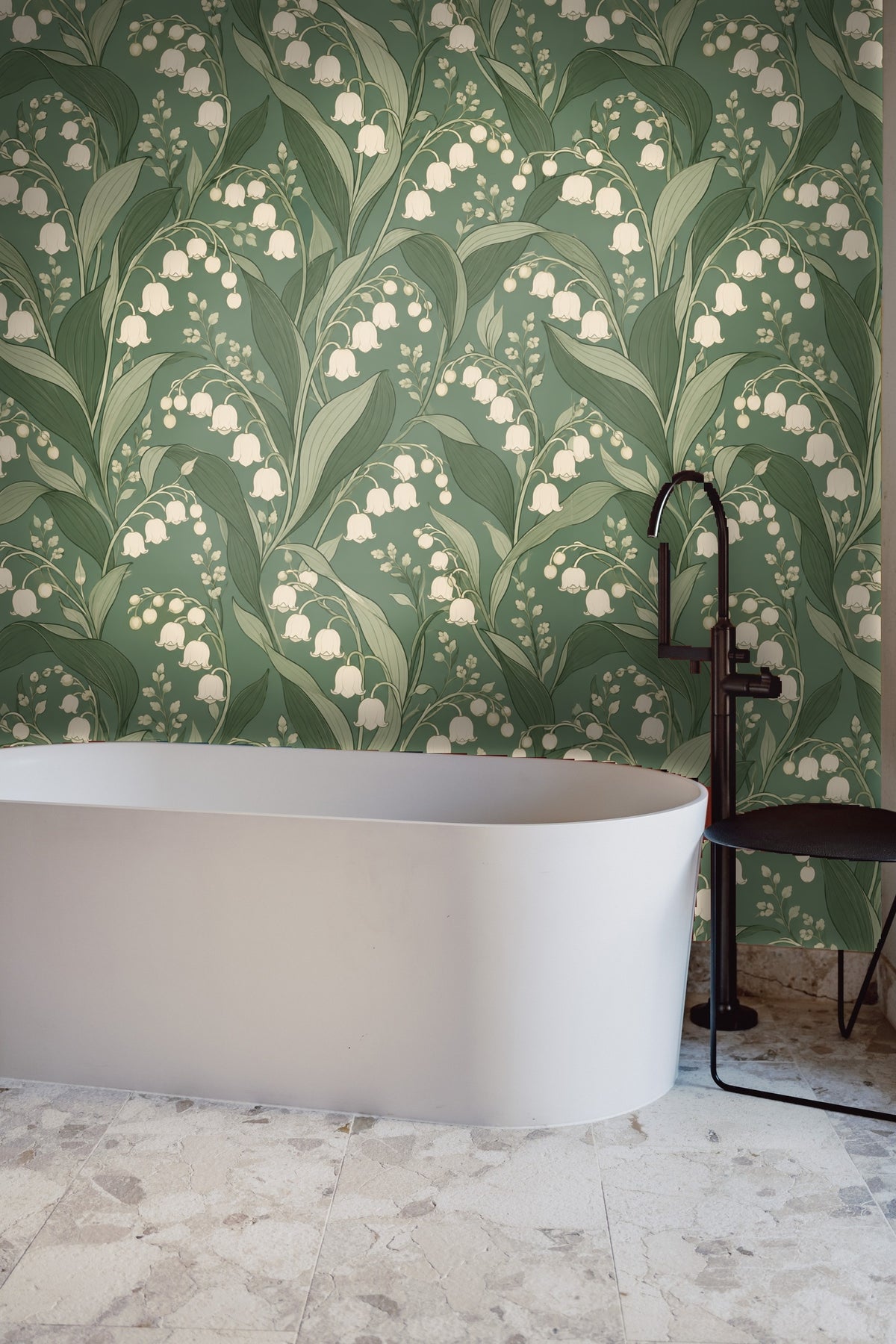 Interior corner where Verdant Lily Bells wallpaper meets neutral wooden floor