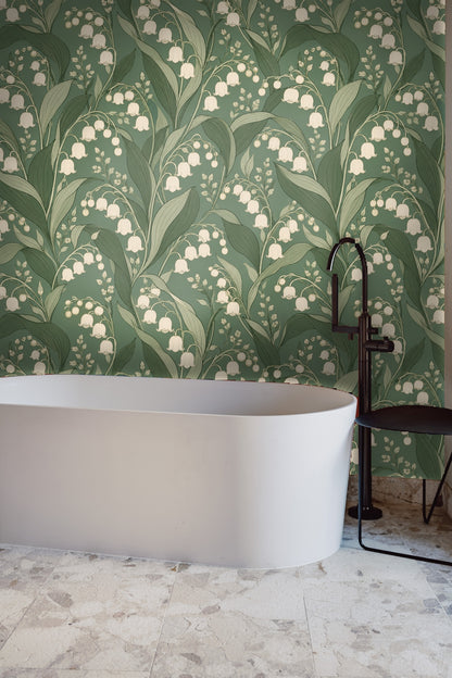 Interior corner where Verdant Lily Bells wallpaper meets neutral wooden floor