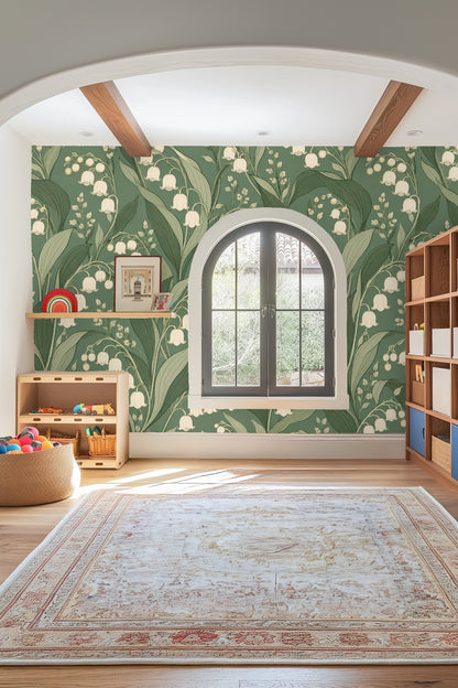 Wallpaper repeat showing natural curves and botanical linework of lily of the valley design