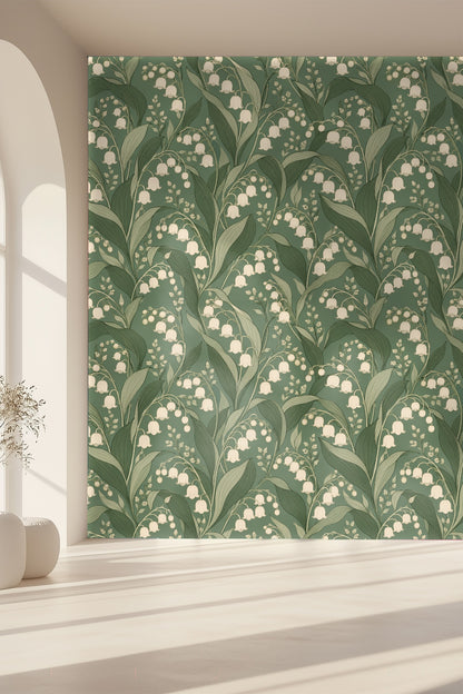 Velvet couch corner accentuating contrast with Verdant Lily Bells wallpaper