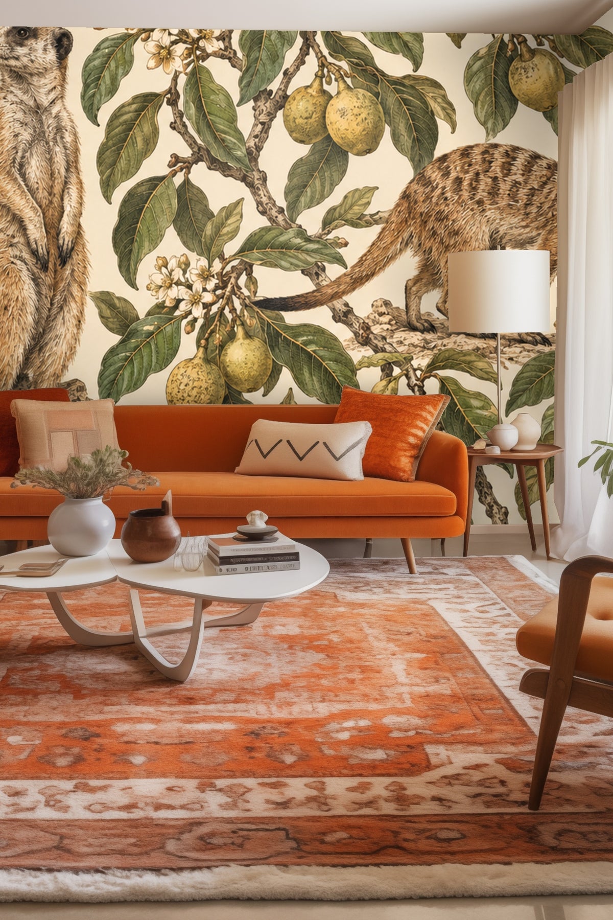 Close-up of detailed meerkat and marula branch botanical wallpaper artwork