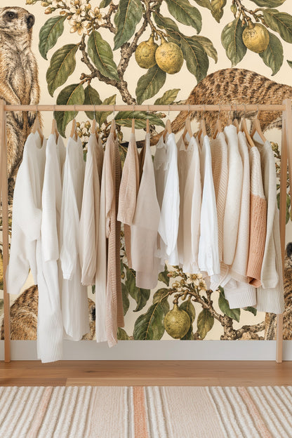 Full wallpaper panel showing repeated pattern of meerkat and marula fruit branches on beige background