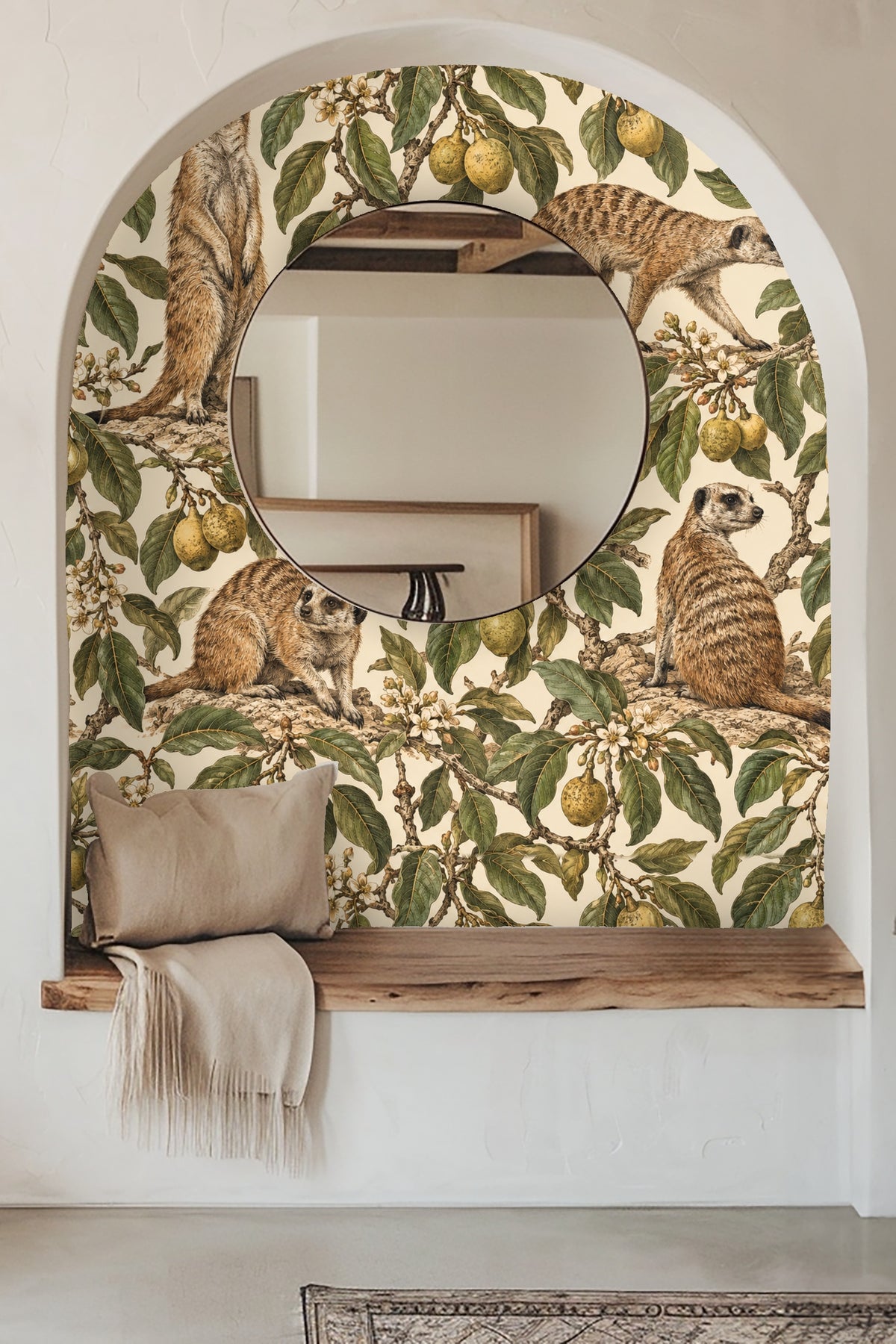 Bathroom medicine cabinet with open door showing shelves, set against meerkat marula minuet wallpaper