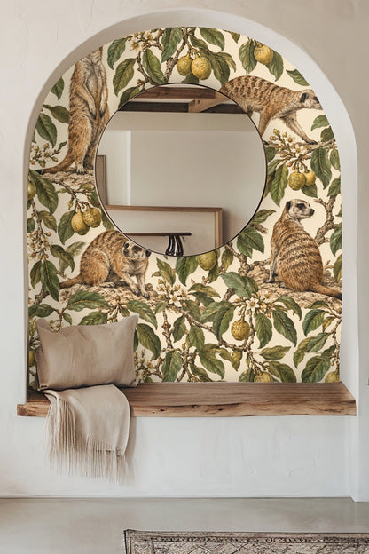Bathroom medicine cabinet with open door showing shelves, set against meerkat marula minuet wallpaper