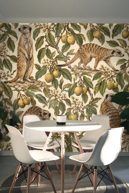 Detail of meerkat’s textured fur and attentive face in botanical wallpaper design
