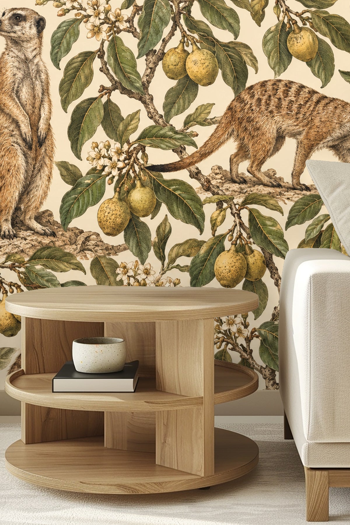 Side table with candle and small floral arrangement in front of meerkat marula minuet wallpaper