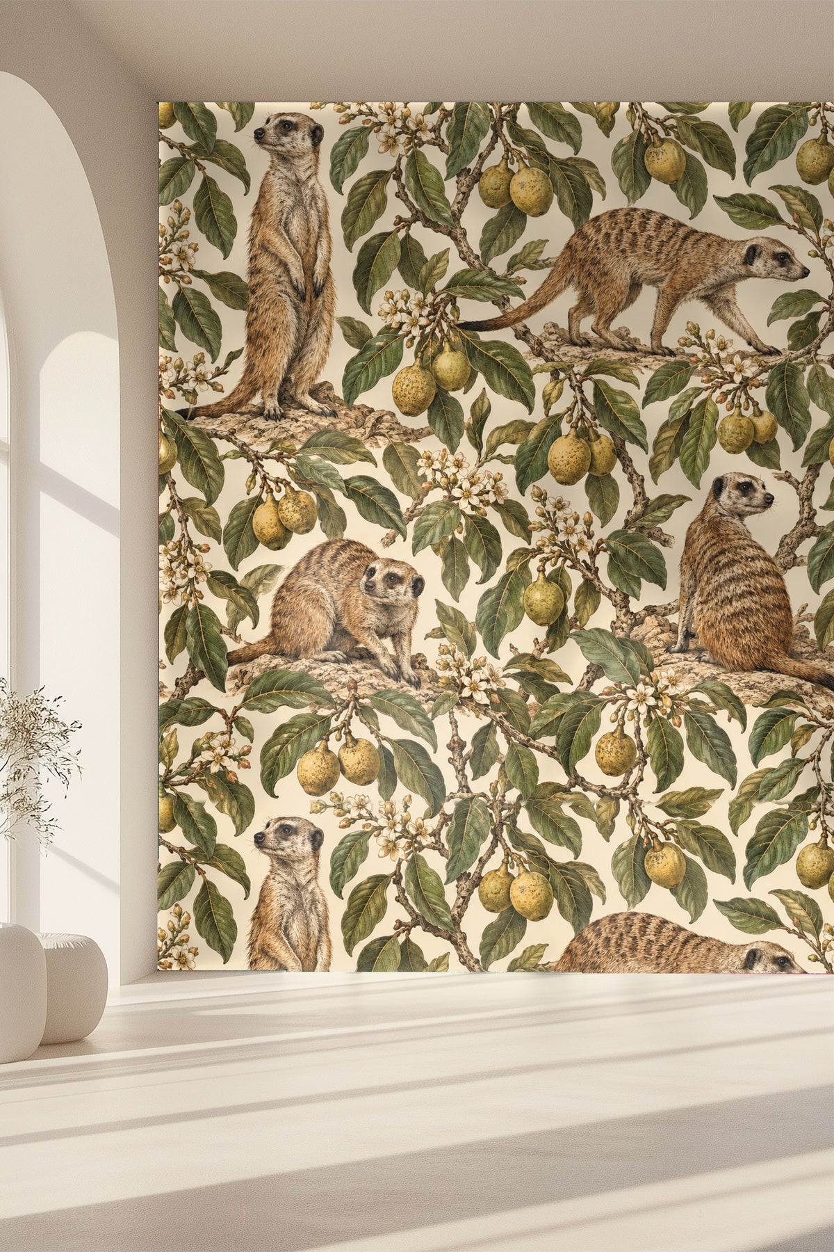 Arrangement of blooming marula flowers and leafy branches as wallpaper repeat