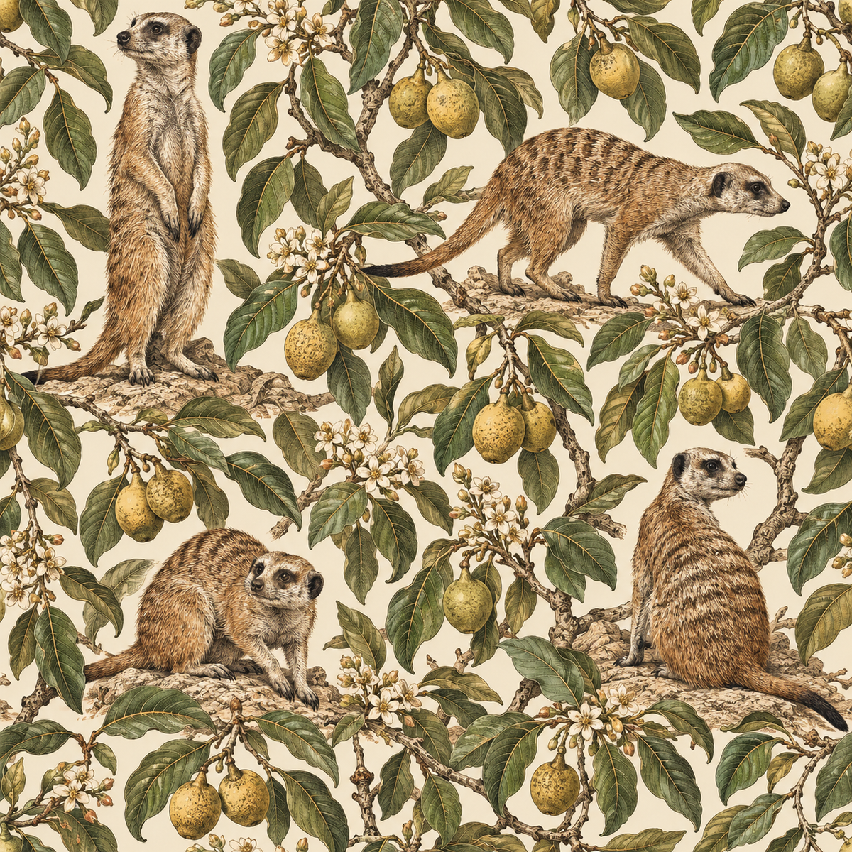Wallpaper covering the wall behind a wooden cabinet door, emphasizing scale and detail of meerkat design