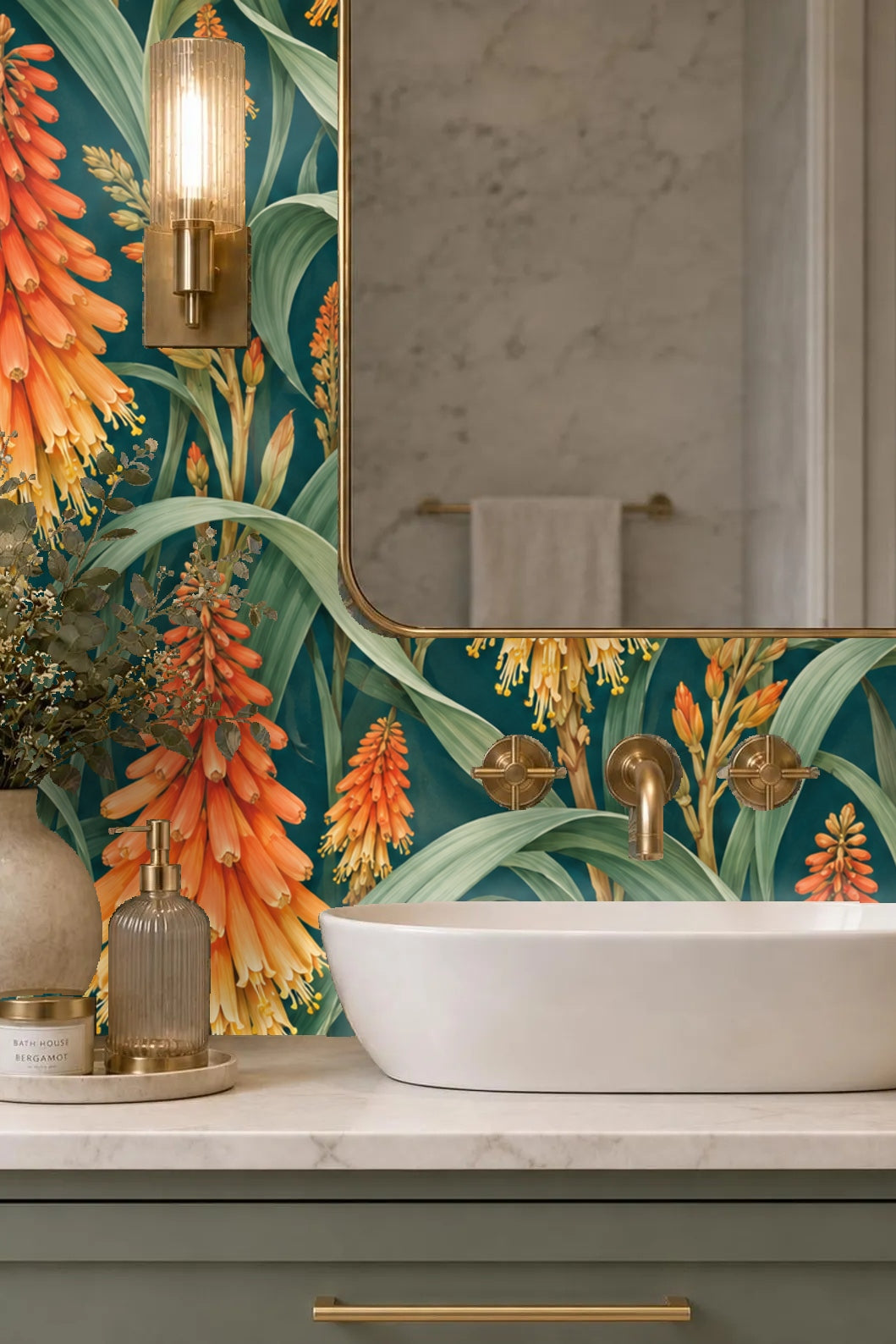 Entryway with arched doorway and kniphofia flame pattern wallpaper in orange, yellow, and green hues