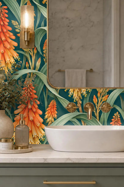 Entryway with arched doorway and kniphofia flame pattern wallpaper in orange, yellow, and green hues