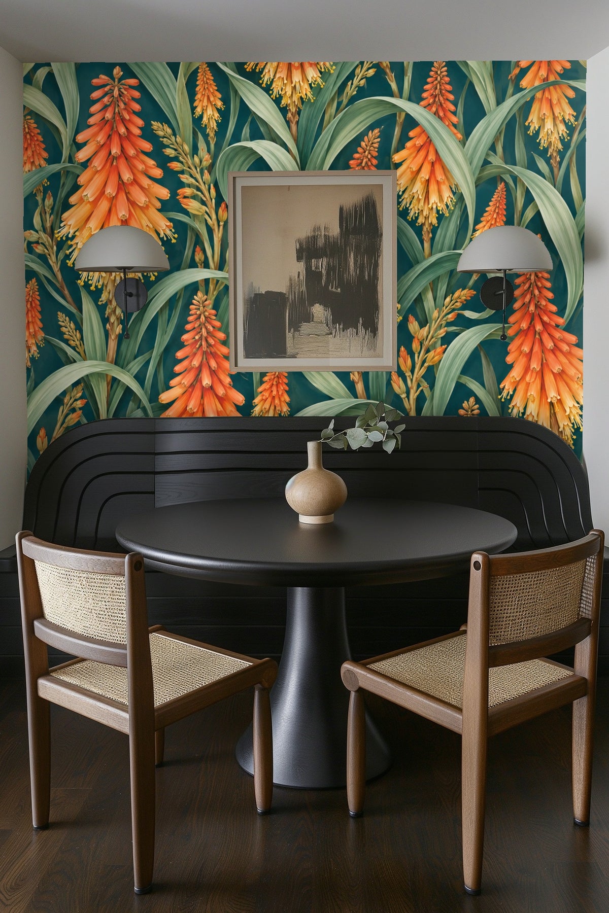 Green leaves curling around multiple orange flower spikes in the wallpaper design