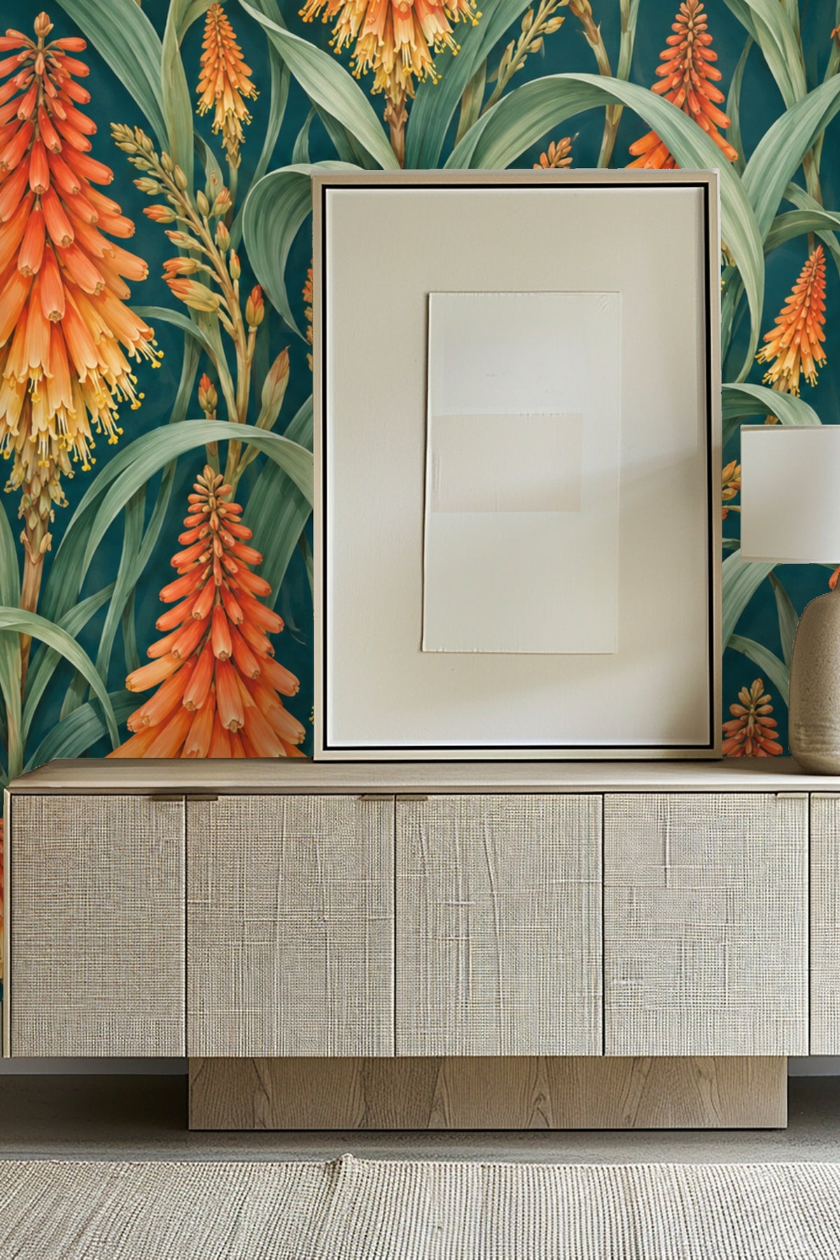 Vertical stalks of kniphofia with buds and blossoms in a repeating pattern