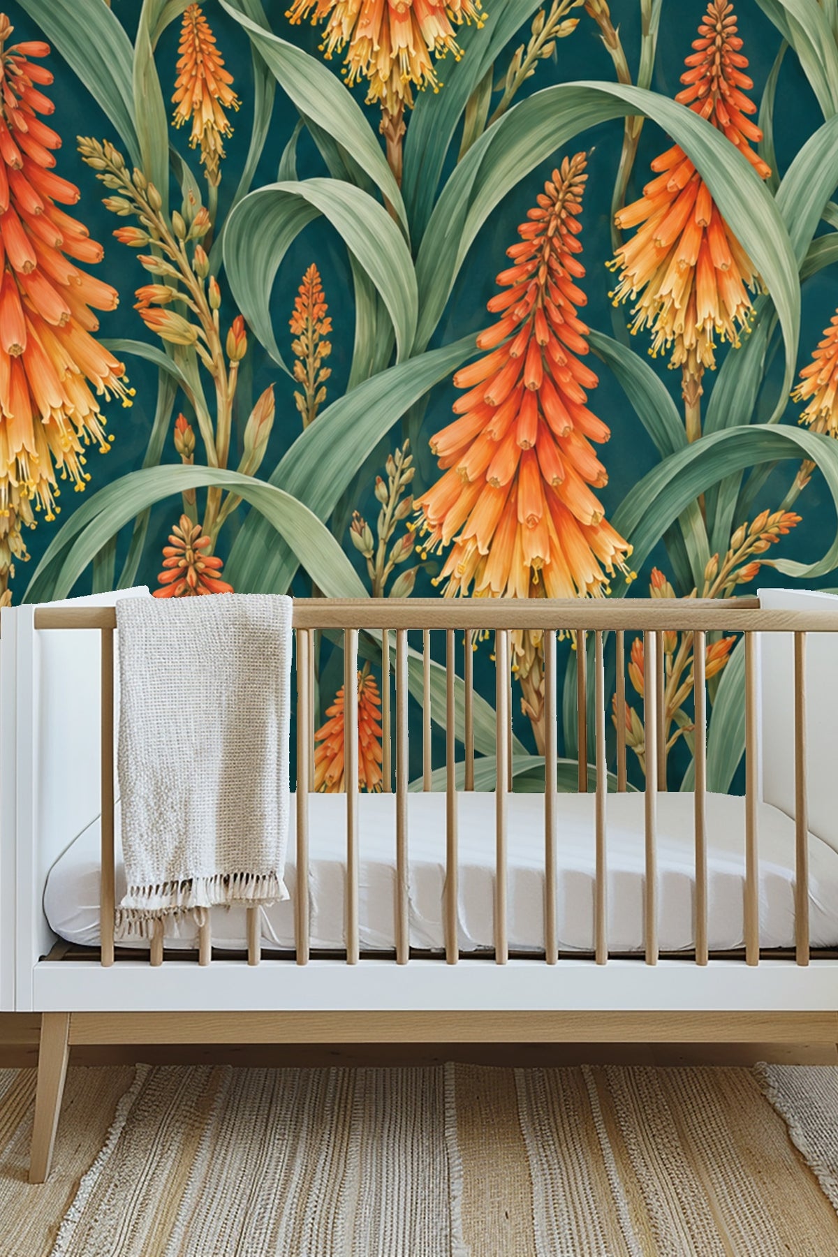 Wallpaper pattern illustrating layered kniphofia flower stalks and leaves