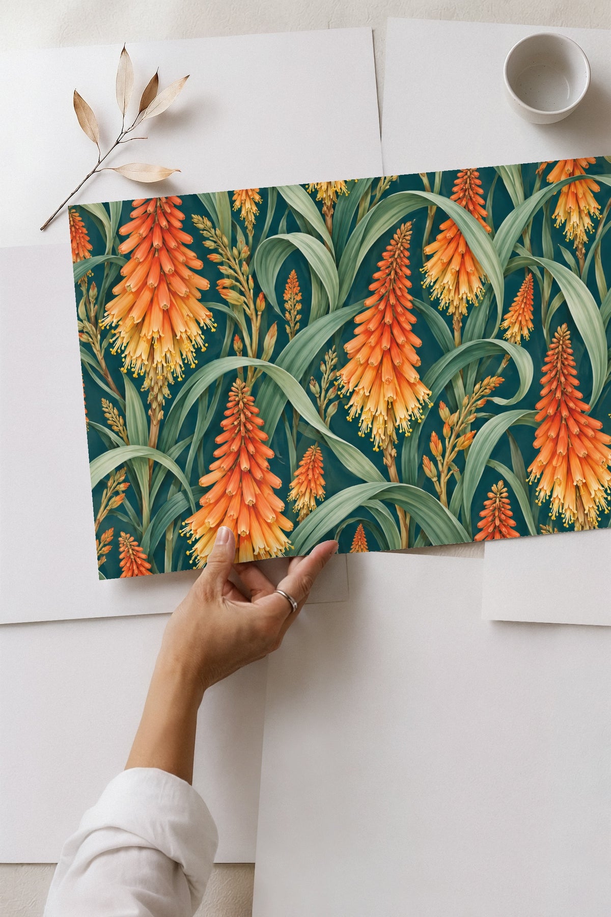 Dark teal background enhancing vibrant orange and yellow botanical elements