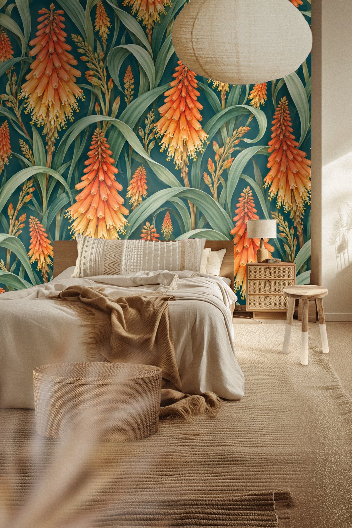 Gold flower stamens hanging from orange petals in wallpaper close-up