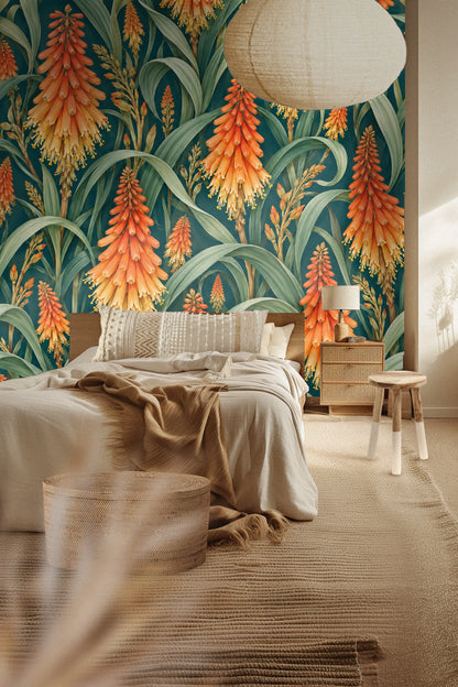 Gold flower stamens hanging from orange petals in wallpaper close-up