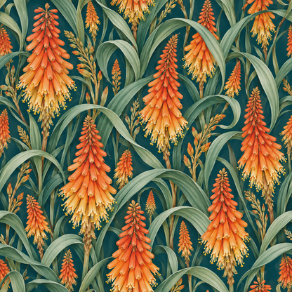 Stylized botanical art with vivid warm blossoms contrasting cool foliage